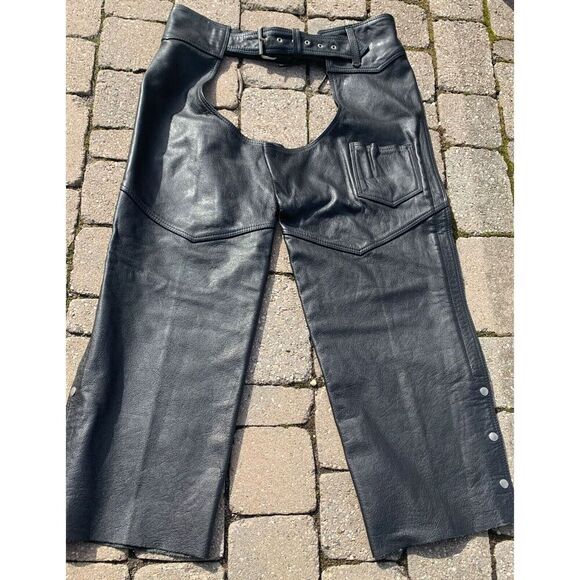 Hudson Genuine Leather Motorcycle Biker Moto BLACK Chaps Pants Size UNISEX xl - Picture 1 of 8